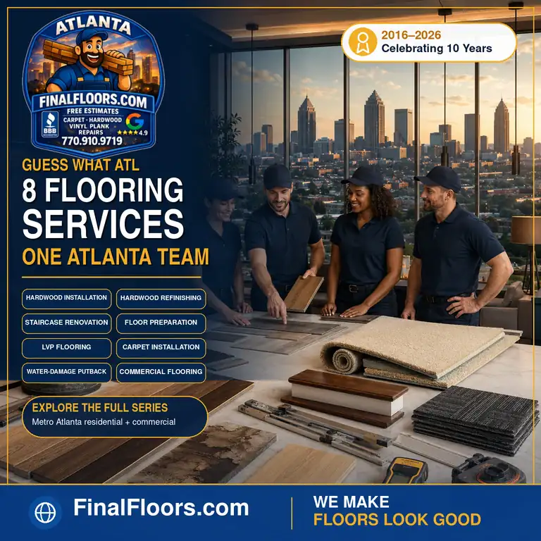 Eight Metro Atlanta Flooring Services | Final Floors LLC Final Floors LLC Metro Atlanta flooring team with hardwood, carpet, luxury vinyl plank and commercial flooring samples representing eight flooring services