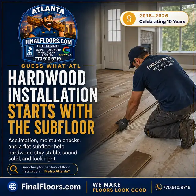 Hardwood Floor Installation in Metro Atlanta | Final Floors LLC Final Floors hardwood installation card showing a flooring professional installing wood planks over a prepared subfloor in a Metro Atlanta home