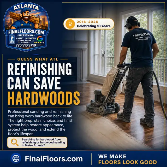 Hardwood Floor Refinishing in Metro Atlanta | Final Floors LLC Final Floors hardwood refinishing card showing professional sanding equipment restoring hardwood flooring in a Metro Atlanta home