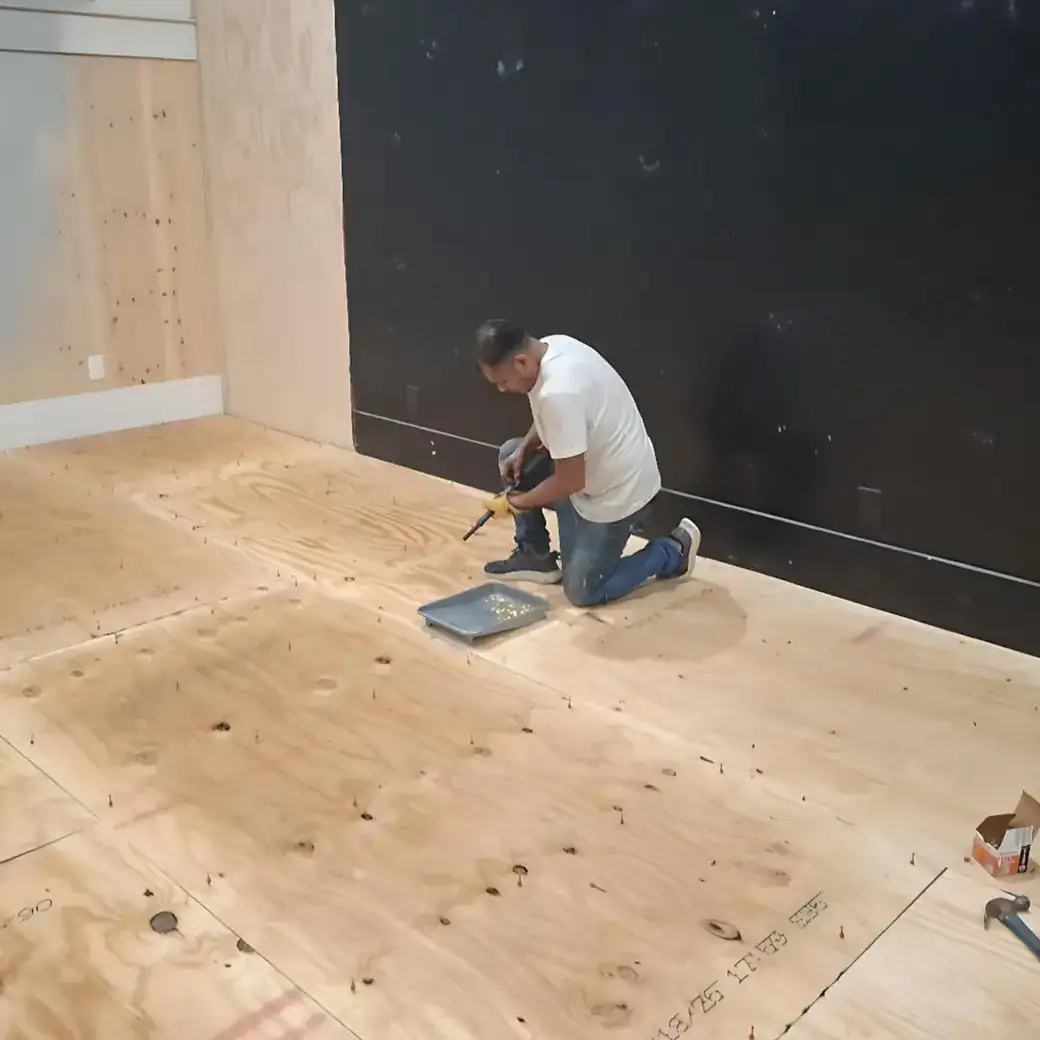 Subfloor Repair and Floor Leveling | Final Floors LLC Plywood subfloor preparation and repair in progress on a Metro Atlanta flooring project