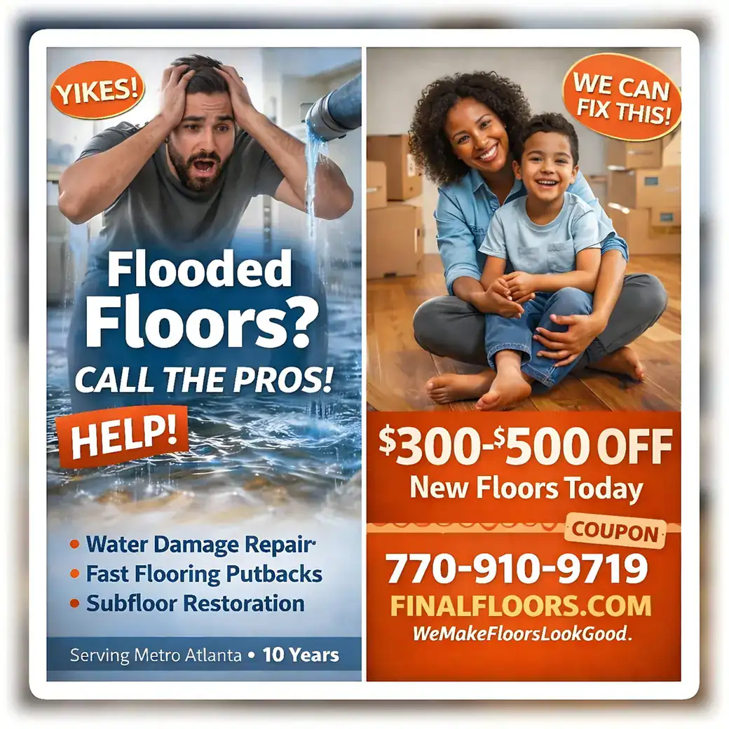 Water Damage Flooring Repair | Final Floors LLC Final Floors water-damage flooring repair promotional graphic for Metro Atlanta homeowners