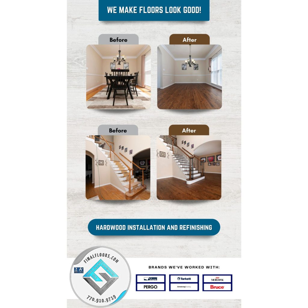 Transform Your Space with Final Floors, Atlanta's Trusted Flooring Experts
At Final Floors, we take pride in being Atlanta's go-to flooring company, offering top-notch hardwood, carpet, vinyl plank, and laminate installations. Our team of skilled professionals is dedicated to delivering high-quality craftsmanship and unparalleled customer service on every project. From elegant hardwood refinishing to luxury vinyl plank installations, we cater to both residential and commercial clients throughout Atlanta and beyond.
Why Choose Final Floors?
When it comes to choosing a flooring company, we know you have options. Here’s why Final Floors stands out:
1. A-Plus BBB Accreditation & 4.9 Google Rating: We’re committed to excellence, with an A-plus accreditation from the Atlanta Better Business Bureau and a 4.9-star rating on Google from satisfied customers.
2. Partnership with Leading Brands: We partner with trusted flooring brands like Mohawk, Shaw, and Mannington, ensuring we provide the highest quality materials.
3. Experienced & Dedicated Team: Our experienced team is passionate about flooring and ensures every detail is handled with precision.
4. Free Estimates & Transparent Pricing: We offer free estimates so you can get a clear picture of your project’s cost with no surprises.
5. Comprehensive Services: Whether you need new flooring, refinishing, or repairs, we offer a complete suite of services to meet your needs.
Contact Us Today!
Are you ready to transform your floors? Contact Final Floors today to schedule your free estimate! Reach us by phone at 770-740-7985 or email us at finalfloors@gmail.com. For more details, check out our Google Business page and Linktree profile.
Save with Our Exclusive Coupon
For a limited time, new customers can save big on their first project! Use our exclusive coupon to save $300 to $500 on your flooring purchase and installation. At Final Floors, we’re here to make your flooring dreams come true while keeping your budget in mind. Don't miss this opportunity to add beautiful, high-quality floors to your home or office.
Earn with Our Referral Program
We believe in rewarding our customers and community. With our referral program, you have three options to earn:
1. Receive a 10% Commission: Refer a client to Final Floors, and if they make a purchase, you’ll receive 10% of the sale.
2. Gift a 10% Discount: Share the 10% savings with friends, family, or clients as a referral discount.
3. Donate to Charity: Opt to donate the 10% to a charity of your choice.
No matter how you choose to share, your referral can make a difference for someone else and earn you rewards.
At Final Floors, we’re dedicated to providing quality floors and exceptional service. Contact us today to learn more about how we can make your flooring vision a reality.