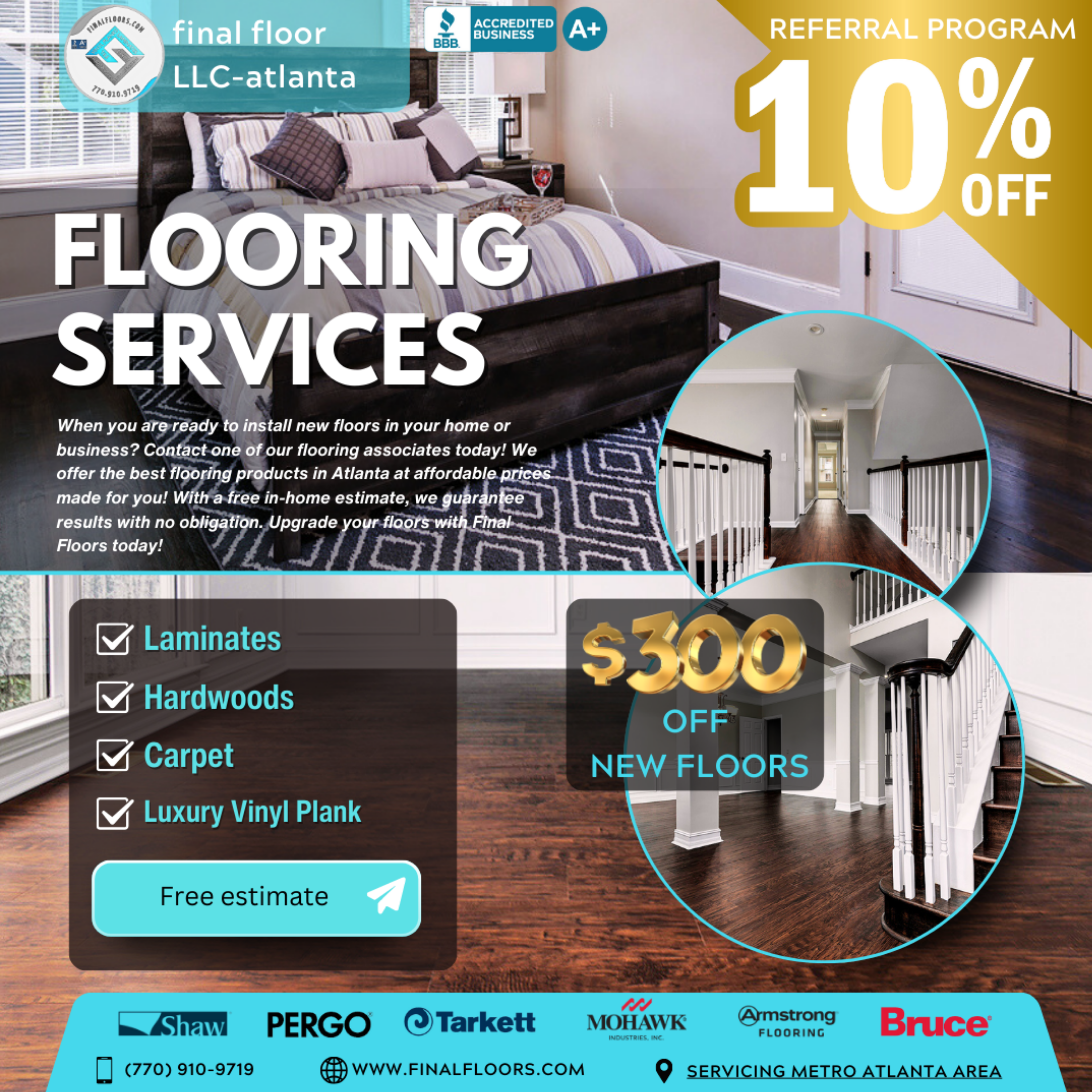 🌟 New Year, New Floors! 🌟 Step into 2025 with style and elegance at Final Floors, Atlanta’s top flooring destination. Our expert team delivers unmatched service from consultation to installation, featuring top brands like Shaw Floors®, Bruce®, and MOHAWK™. Choose from our extensive collection of luxury vinyl planks, hardwood, tile, laminates, carpet, and more. Enjoy personalized service, a limited installation warranty, and flexible financing options to suit your needs. Revitalize your home with sophistication and skill. Visit us at finalfloors.com or call 770-910-9719 for complimentary estimates. Let’s transform your space today! 🏡✨ #FinalFloors #Atlanta #HomeImprovement #FlooringExperts #LuxuryVinyl #FreeQuotes #SophisticatedLiving#FlooringAtlanta #HardwoodFloors #VinylPlankFlooring #StaircaseRenovation #CarpetInstallationATL #LuxuryVinylPlank #WaterproofFlooring #LaminateFlooringATL #EngineeredWoodFloors #HardwoodRefinishingATL #TopRatedFlooringATL #FlooringDealsATL #EcoFriendlyFlooring #FinalFloorsATL #FlooringSolutionsATL #DurableFlooring #BestFlooringCompanyATL #WidePlankHardwood #FlooringContractorATL #LVPInstallationATL #AtlantaHomeRenovation #LuxuryFlooringATL #AffordableFlooring