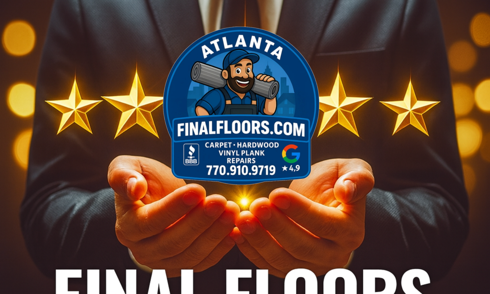 Five glowing gold stars and the Final Floors ATL logo symbolize Atlanta’s trusted, top-rated flooring company. Featuring FinalFloors.com, 770-910-9719, A+ BBB Accreditation, and a 4.9⭐ Google rating, this vibrant image captures excellence, reliability, and beautiful results for Metro Atlanta homeowners. | Final Floors ATL | Metro Atlanta’s Flooring Experts