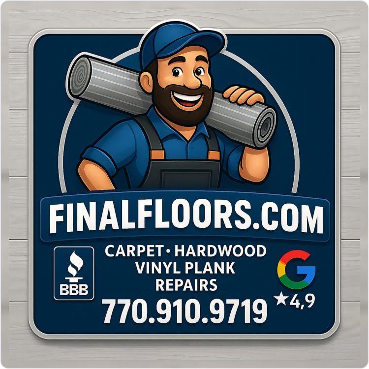 Final Floors company logo featuring a smiling flooring pro carrying a vinyl plank roll, set against a navy blue background with bold white text that reads “FinalFloors.com – Carpet • Hardwood • Vinyl Plank • Repairs.” Includes BBB Accredited logo, Google 4.9-star rating, and contact number 770.910.9719. This trusted Atlanta-based flooring company serves the top 20 Metro Atlanta cities: Atlanta, Alpharetta, Marietta, Roswell, Decatur, Sandy Springs, Smyrna, Kennesaw, Stone Mountain, Johns Creek, Duluth, Tucker, East Point, College Park, Brookhaven, Woodstock, Peachtree Corners, Mableton, Lithonia, and Norcross. Alt text highlights Final Floors’ commitment to quality, fast installations, and in-house crews — optimized for visibility, SEO, local rankings, and image search performance across flooring-related content.