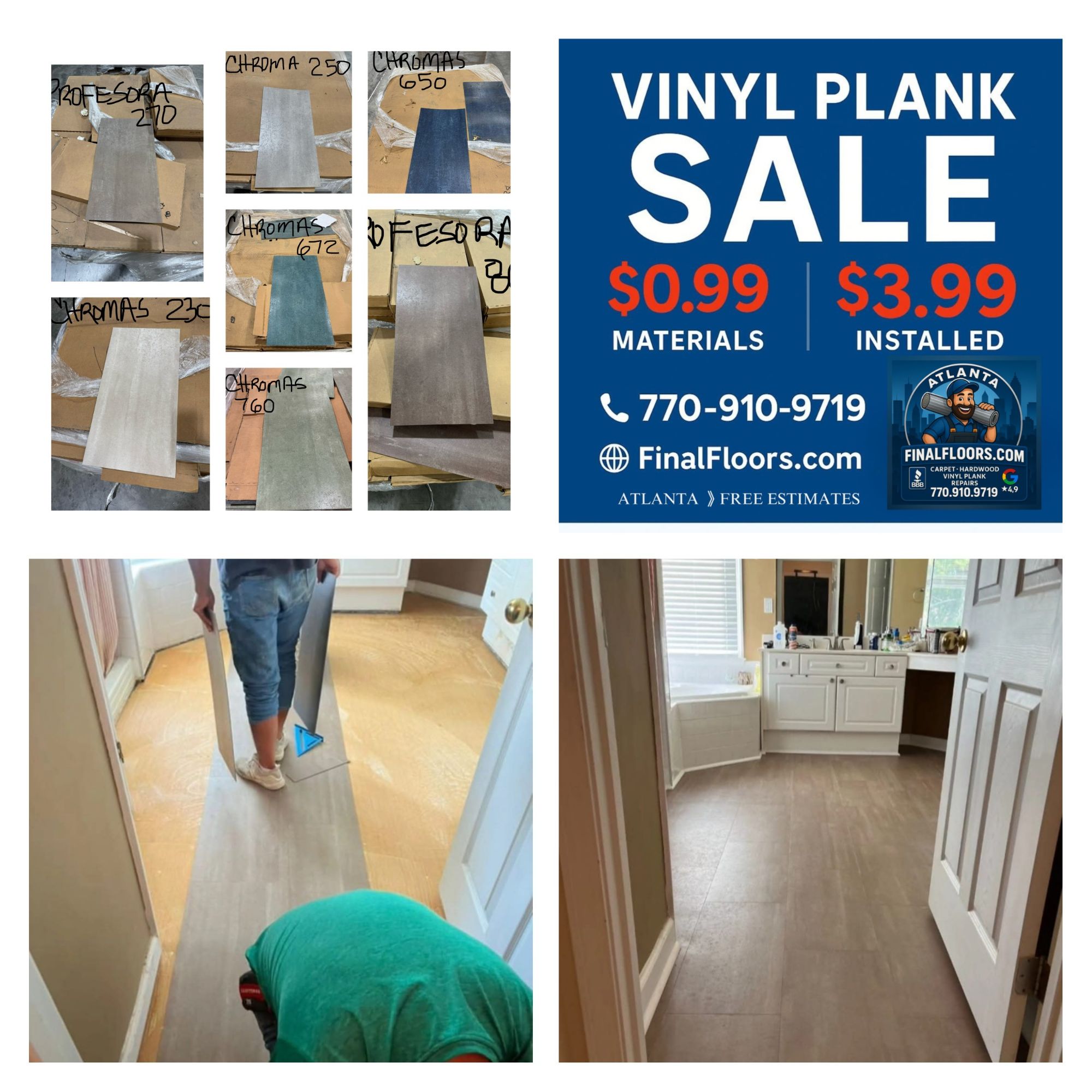 ATLANTA VINYL PLANK SALE 🚨 $0.99 materials | $3.99 installed 💥 Licensed in-house crews only (no subs) deliver same-week installs, waterproof & pet-friendly floors that boost value, wow buyers & rent faster 🏡 Call 770-910-9719 🌐 FinalFloors.com ✨ A+ BBB | 4.9⭐ Google