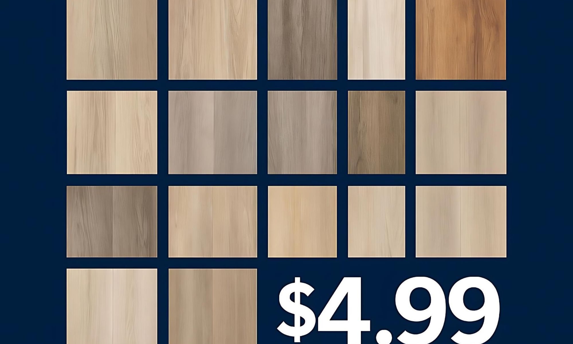 Alt text: Promotional image showcasing a vinyl plank flooring sale by Final Floors, LLC in Metro Atlanta. The background is dark blue with a grid displaying 20 luxury vinyl plank color swatches ranging from light beige, natural oak, and soft grays to medium browns and rich wood tones. Bold white text at the top reads “Vinyl Plank Flooring Sale.” Centered at the bottom is a large price point in white text: “$4.99,” indicating the all-inclusive price per square foot. Beneath the pricing, a banner reads, “Includes 20 MIL SPC Flooring & Premium Installation,” highlighting the durability and waterproof nature of the flooring. The BBB Accredited Business badge and Final Floors’ mascot logo are prominently displayed in the lower corners. Text at the very bottom states “While Supplies Last,” creating urgency. This promotional image is targeted at homeowners, investors, and property managers looking for high-quality, professionally installed LVP flooring at an unbeatable price in the Metro Atlanta area. | Final Floors ATL – Atlanta’s Luxury Vinyl, Hardwood & Carpet Experts