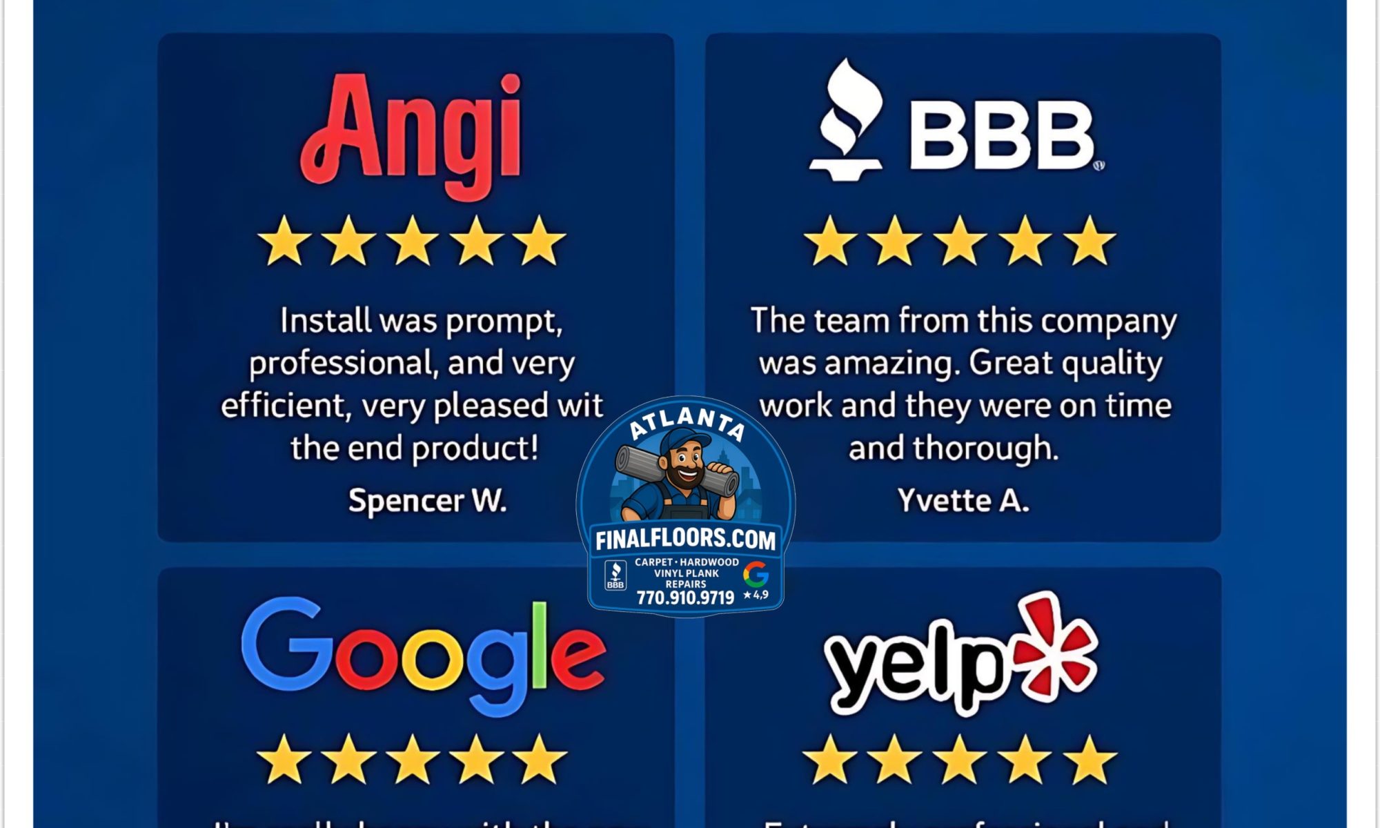 Customer flooring reviews for Final Floors ATL 🏡 Metro Atlanta’s trusted flooring contractor — licensed in-house crews (never subcontractors), A+ BBB Accredited, 4.9⭐ Google rated with 185+ reviews, and featured on Angi, Yelp & Houzz. Homeowners, realtors, investors & property managers across Roswell, Alpharetta, Johns Creek, Sandy Springs, Buckhead, Brookhaven, East Cobb, Milton, Dunwoody, Decatur, Smyrna, Vinings, Suwanee, Duluth, Peachtree Corners, Woodstock, Canton, Cumming & Marietta trust Final Floors for vinyl plank installs, dust-free hardwood refinishing, plush carpet installs, subfloor repairs, moisture protection, stair remodels & insurance-approved water-damage restoration. Reviews highlight professionalism, clean installs, fast 1–3 day timelines & ROI-driven results that sell homes faster & rent properties quicker. Call 📞 770-910-9719 or visit 🌐 FinalFloors.com to schedule your free estimate today. #WeMakeFloorsLookGood