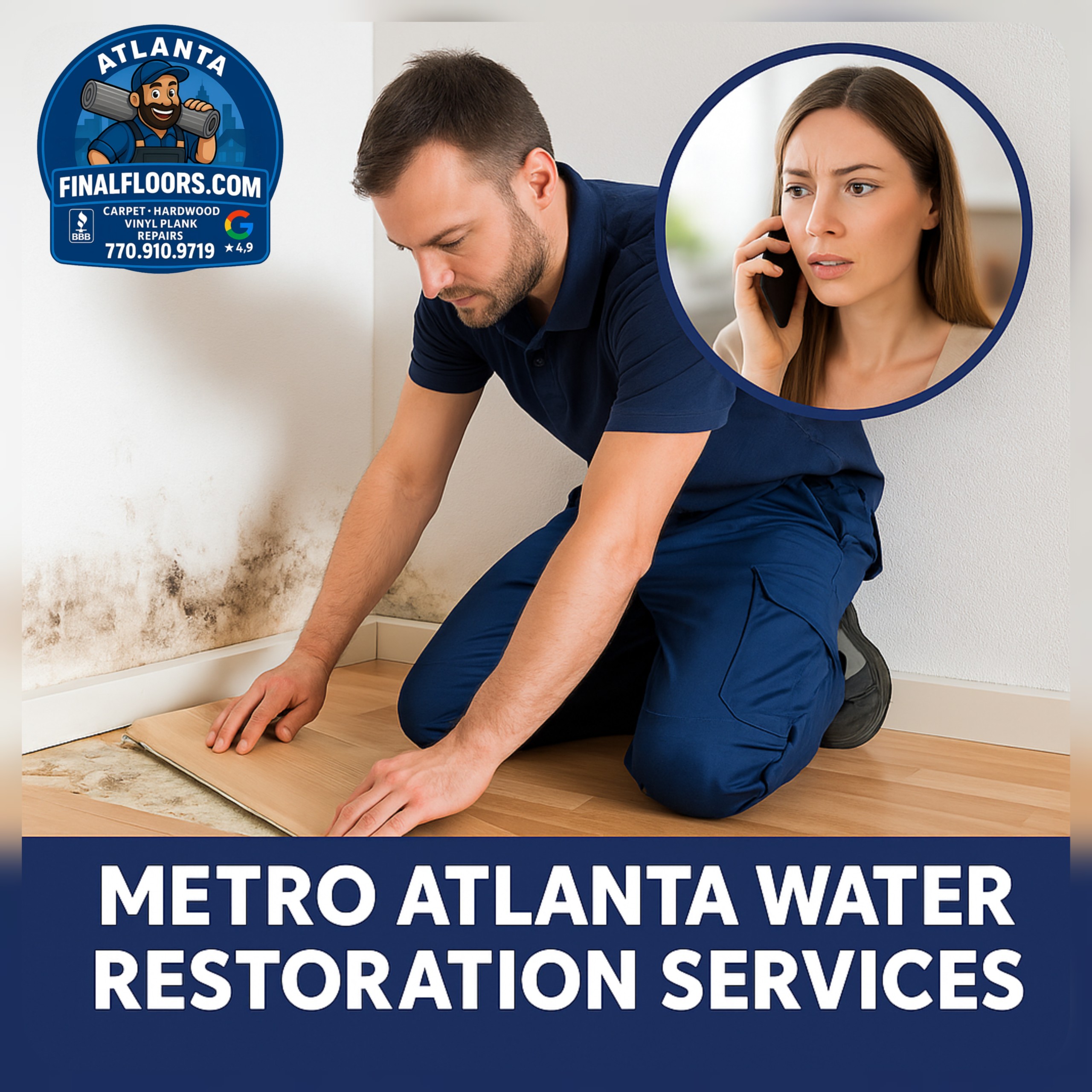 Final Floors ATL promotional graphic for Metro Atlanta water restoration services. The image shows a flooring technician inspecting water-damaged subflooring alongside a distressed homeowner on the phone, highlighting the urgency of water-damage emergencies. The branding includes the Final Floors Atlanta mascot logo, BBB A+ accreditation, and 4.9-star Google reviews. Final Floors specializes in water-damage putbacks, subfloor repairs, carpet installs, hardwood refinishing, and luxury vinyl plank installations. Serving Buckhead, Alpharetta, Roswell, Sandy Springs, Johns Creek, Brookhaven, Milton, East Cobb, Suwanee, Duluth, Decatur, Kennesaw, Cumming, Norcross, Lawrenceville, and Lilburn, Final Floors is Metro Atlanta’s trusted partner for flooring restoration. With licensed in-house crews only and 1–3 day turnarounds, Final Floors ensures properties are restored quickly for homeowners, realtors, and investors. Call 770-910-9719 or visit FinalFloors.com today.