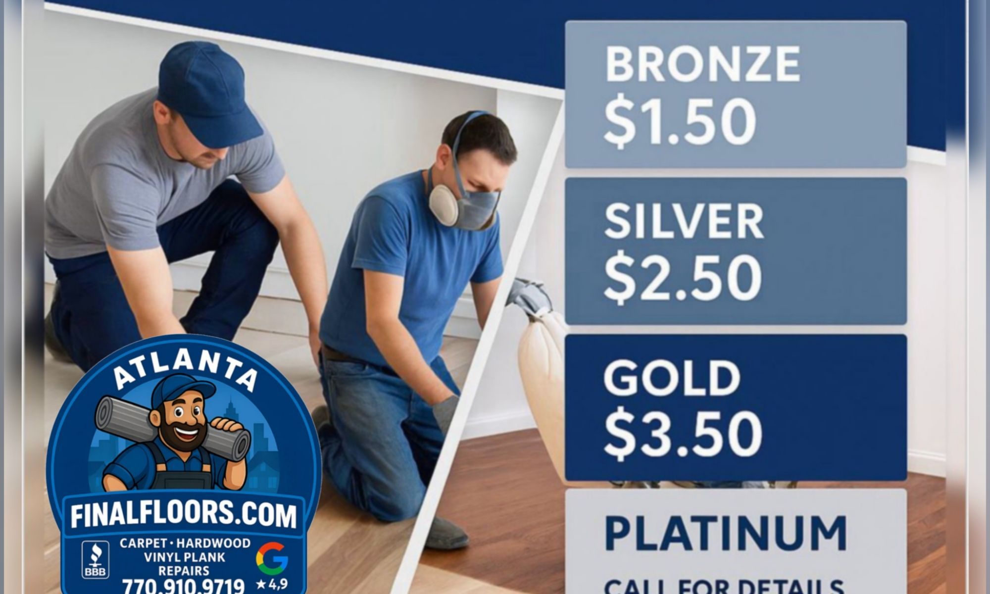 Metro Atlanta hardwood refinishing service packages by Final Floors LLC. Licensed in-house crews deliver dust-free sanding, staining, and sealing with Bronze, Silver, Gold, and Platinum pricing options. Trusted across Roswell, Alpharetta, Sandy Springs, Johns Creek, Milton, Buckhead, Brookhaven, East Cobb, Marietta, Dunwoody, and North Atlanta. A+ BBB Accredited and 4.9 star Google rated. Call 770-910-9719 for free flooring estimates. | Final Floors ATL | Metro Atlanta’s Flooring Experts