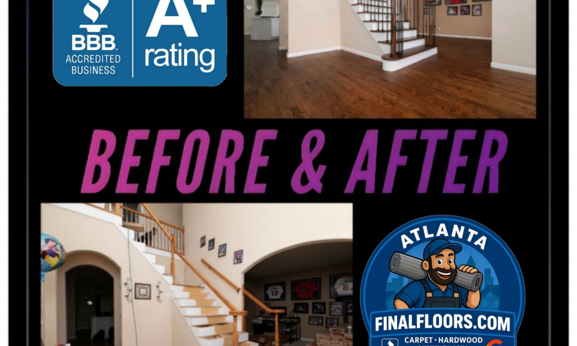 Before and after hardwood flooring and staircase refinishing in Atlanta by Final Floors LLC. Licensed in-house crews deliver flawless hardwood refinishing, vinyl plank installs, carpet replacement, subfloor repair, and water-damage restoration. Trusted across Roswell, Alpharetta, Sandy Springs, Johns Creek, Milton, Buckhead, Brookhaven, East Cobb, Marietta, Dunwoody, Cumming, Woodstock, and Metro Atlanta. A+ BBB Accredited and 4.9 star Google reviews. Call 770-910-9719 for free flooring estimates.