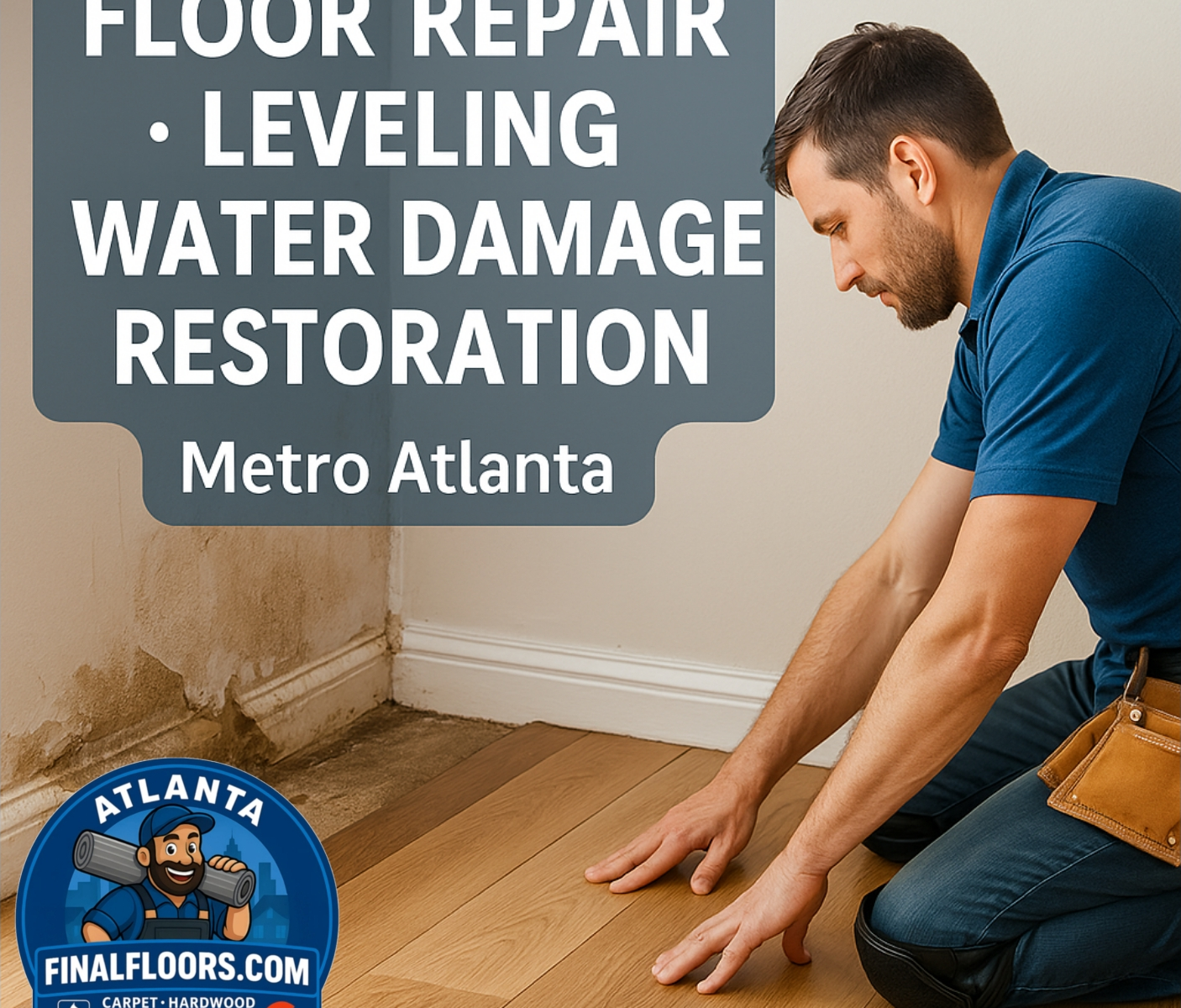 A flooring professional from Final Floors LLC repairing hardwood damaged by water in a Metro Atlanta home, illustrating expert floor repair, subfloor leveling, and water damage restoration services across Roswell, Alpharetta, Johns Creek, and surrounding Georgia areas. | Final Floors ATL | Metro Atlanta’s Flooring Experts