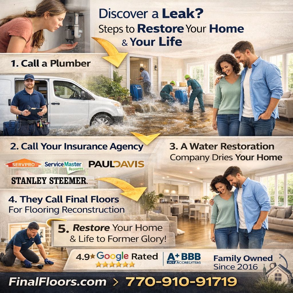 Atlanta water damage flooring repair before and after with replaced hardwood and vinyl plank floors