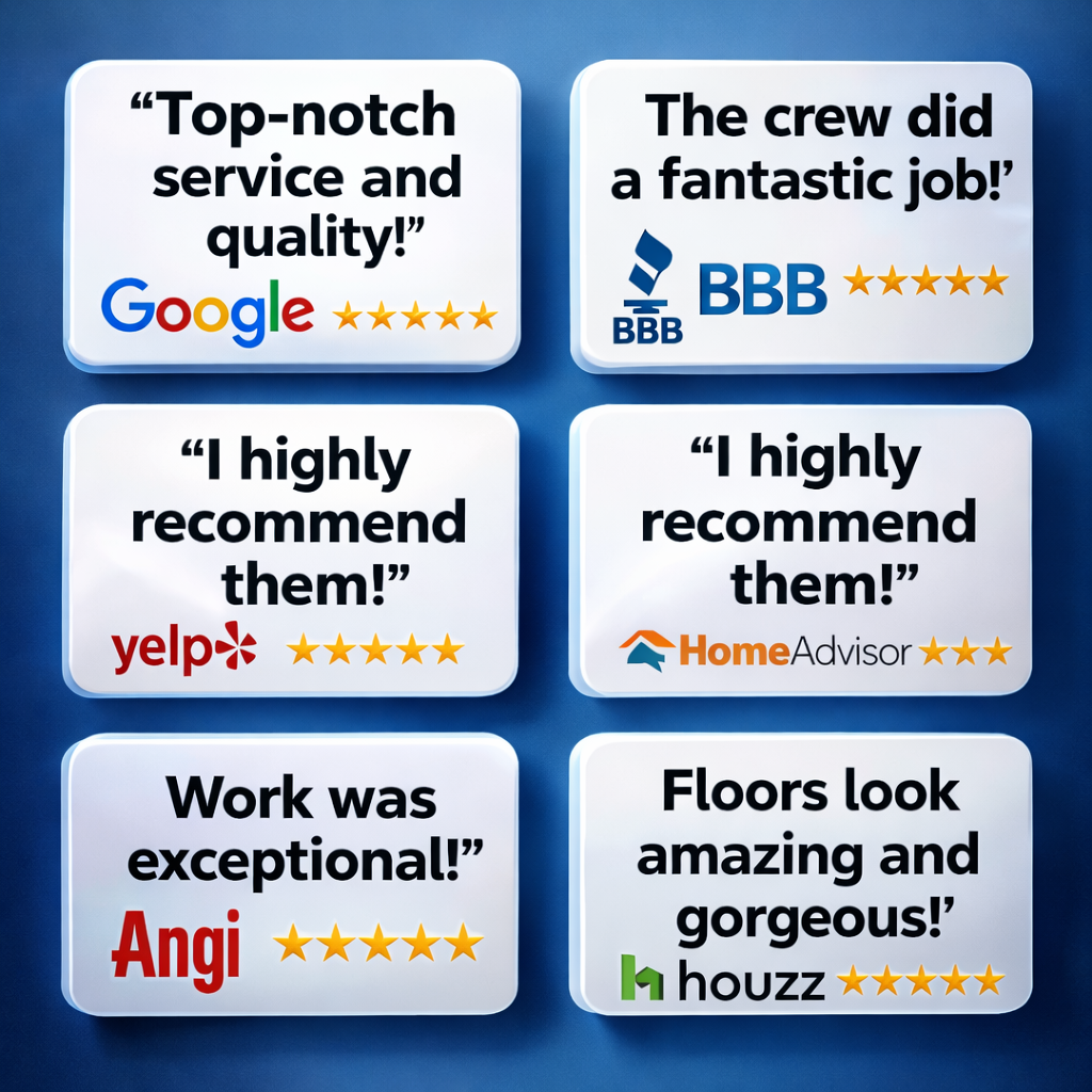 Master review hub graphic for Final Floors, LLC with 4.9 star Atlanta flooring reviews, hardwood refinishing, vinyl plank flooring, carpet installation, water damage repair and staircase upgrades