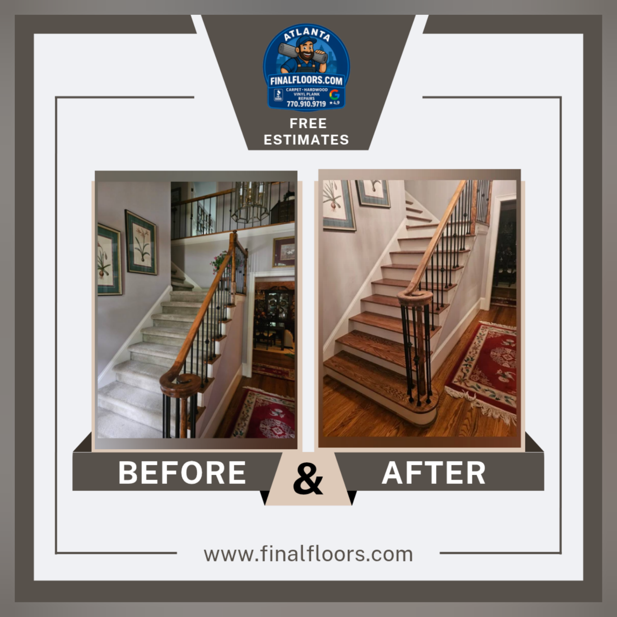 Before and after flooring restoration in Metro Atlanta by Final Floors LLC after water damage repair