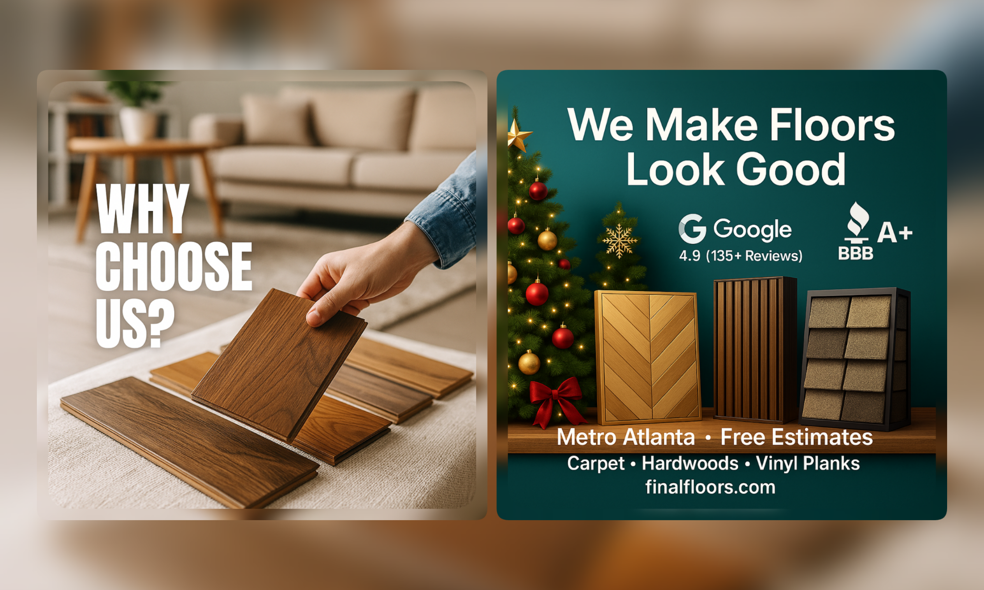 Not Too Late for New Floors Before Christmas and New Year in Metro Atlanta 2 Split image featuring a homeowner reviewing hardwood samples and a holiday-themed flooring display, representing Metro Atlanta flooring options including hardwood, vinyl plank, and modern finishes offered by a trusted local contractor.