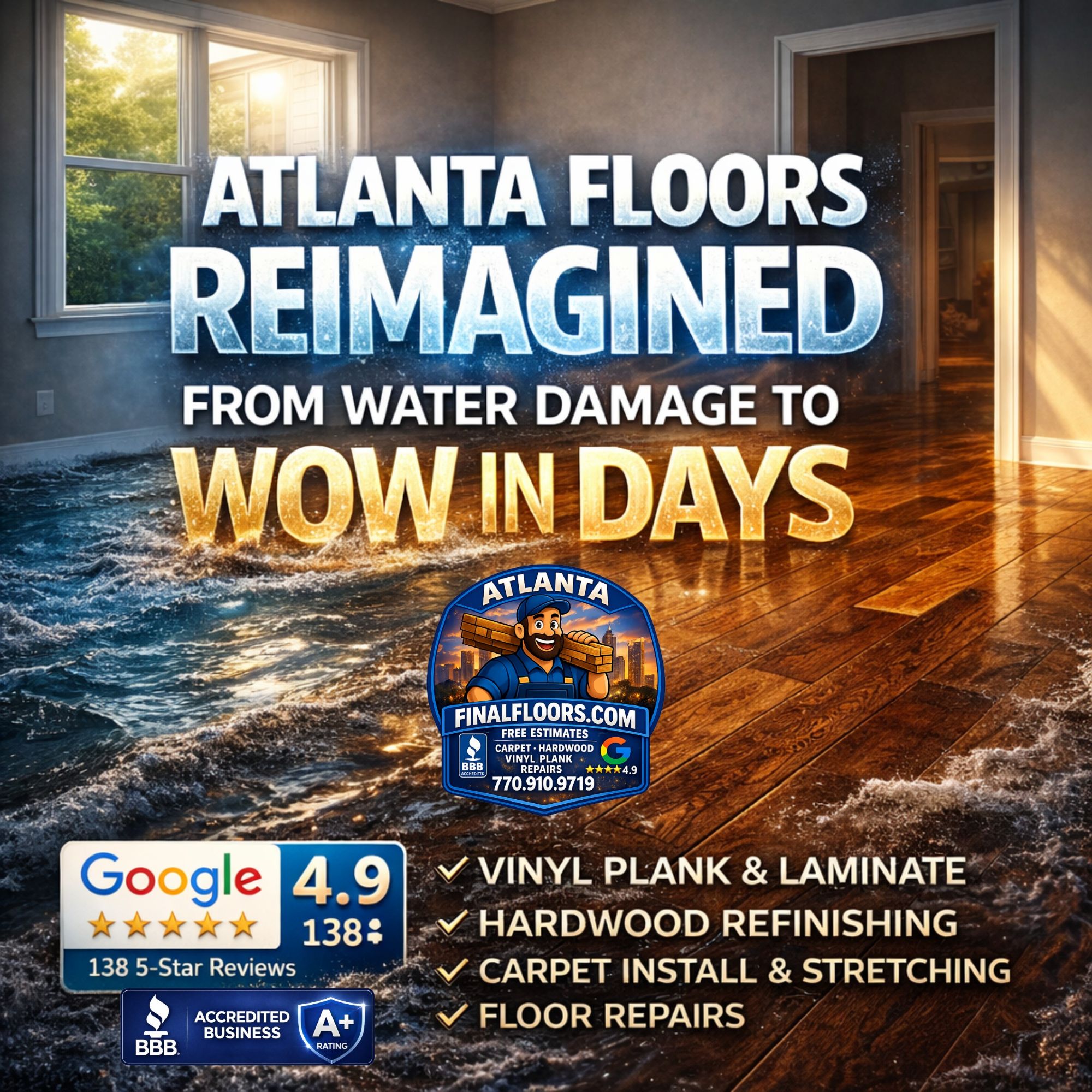 Water damage flooring repair Atlanta and insurance flooring putback with waterproof vinyl plank replacement