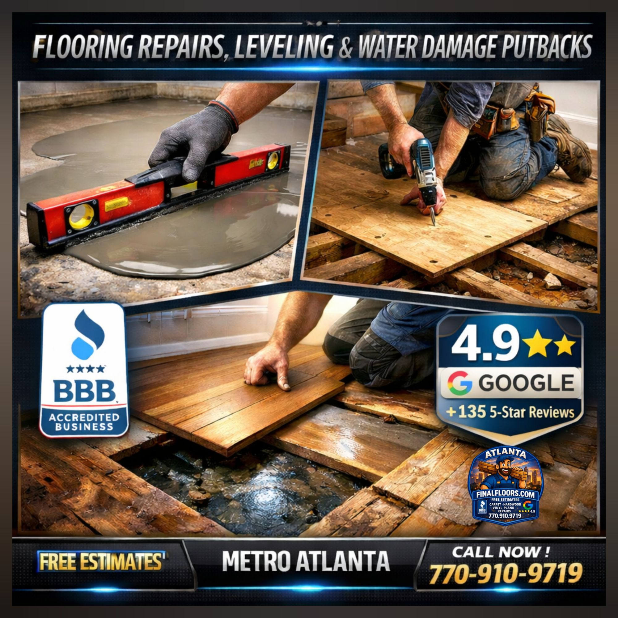 floor repairs, floor leveling, subfloor repair, water damage flooring putback metro atlanta