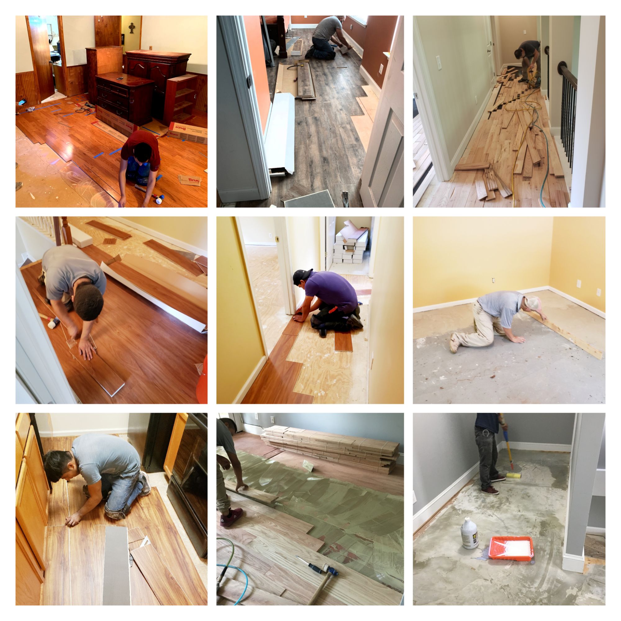 Work in progress flooring collage from Final Floors, LLC showing Metro Atlanta subfloor prep, repair, leveling, refinishing, and installation work in homes and commercial spaces