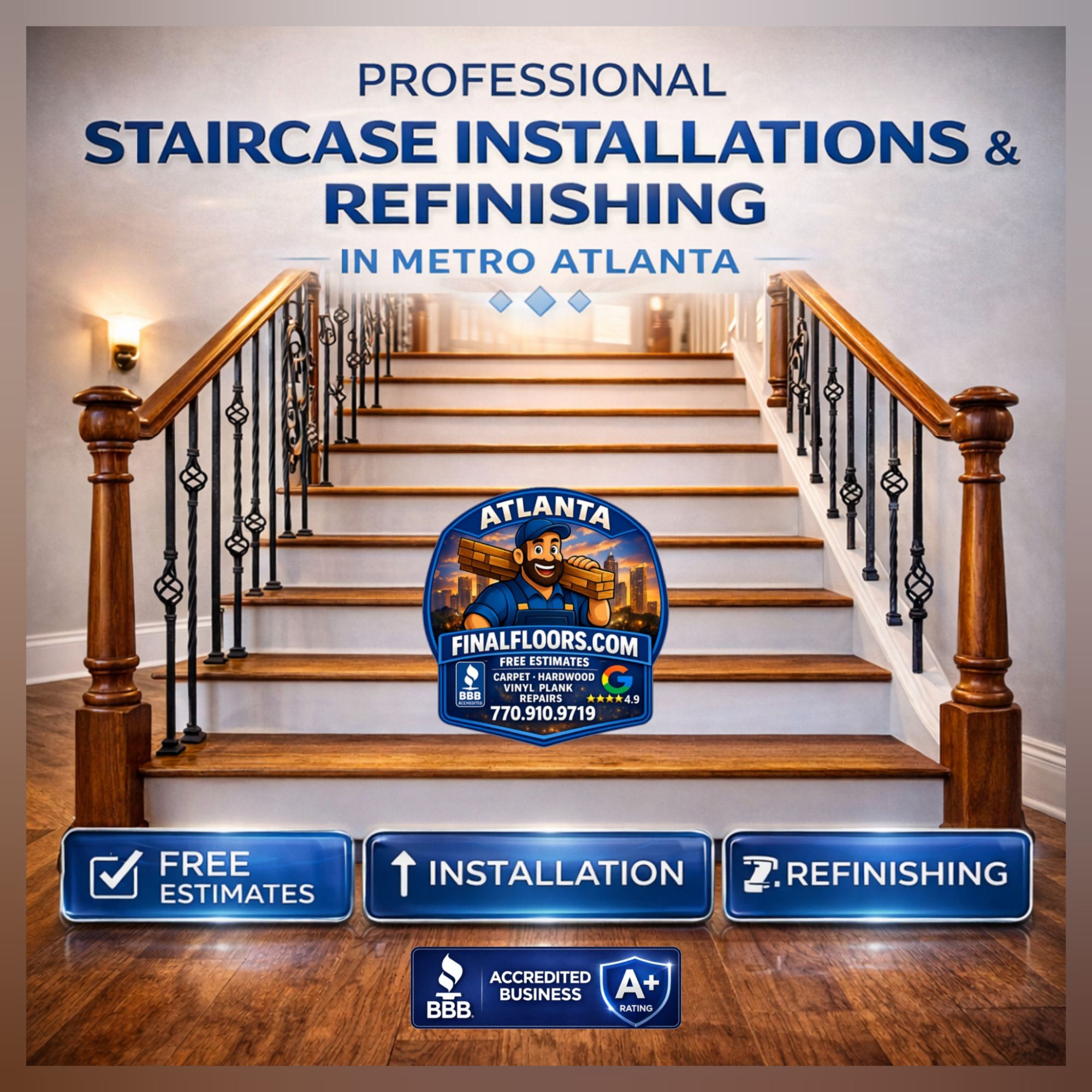 Atlanta staircase replacement and refinishing before and after – hardwood treads, risers, railings