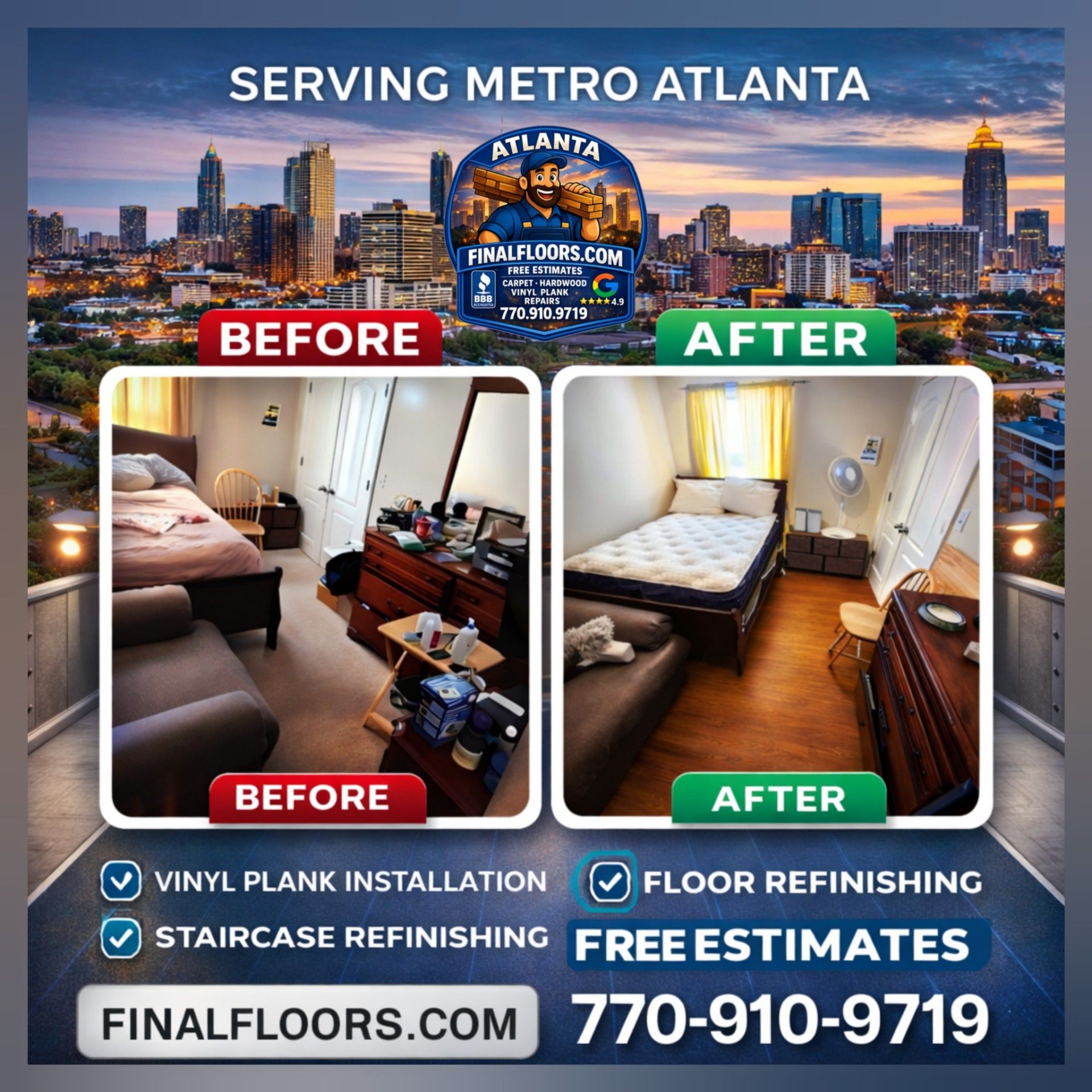 Water damaged hardwood floor in Atlanta showing cupping warping and moisture damage before flooring repair